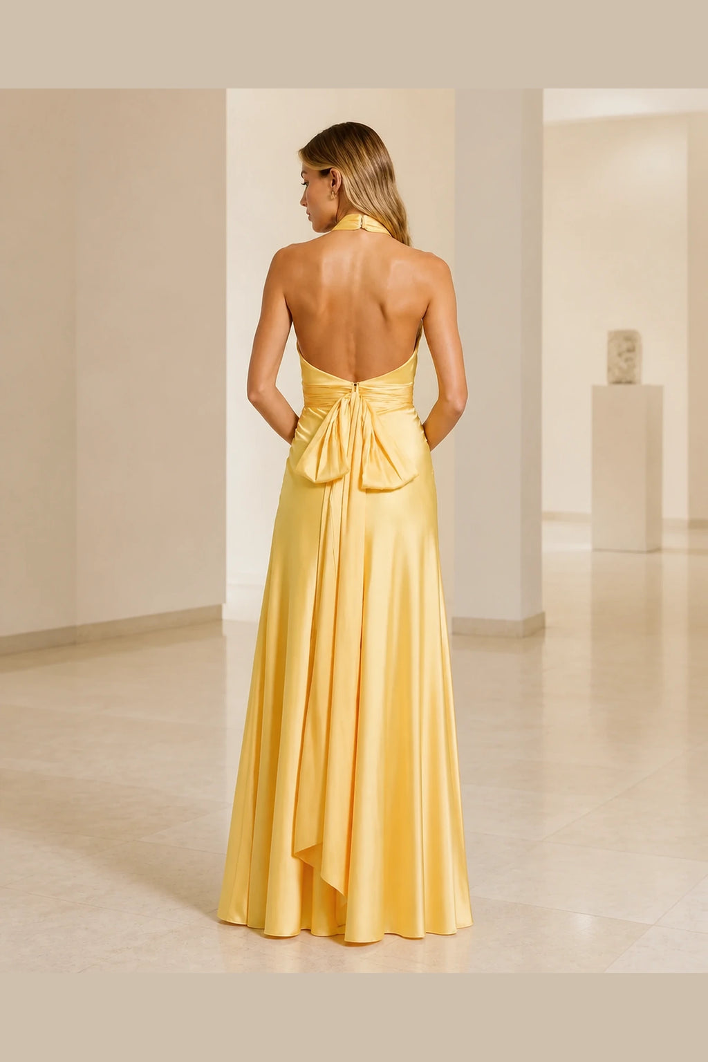 Yellow A-line halter neck sleeveless long bridesmaid dress with bow back by Vedress