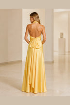 Yellow A-line halter neck sleeveless long bridesmaid dress with bow back by Vedress