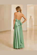 Graceful A-Line Halter Neck Sleeveless Bow Back Long Bridesmaid Dress