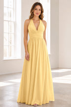 Yellow A-line halter neck sleeveless long bridesmaid dress with open back by Vedress
