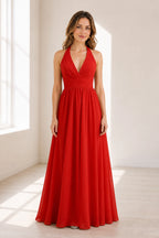 Graceful A-Line Halter Neck Sleeveless Open Back Long Bridesmaid Dress