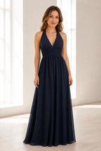 Graceful A-Line Halter Neck Sleeveless Open Back Long Bridesmaid Dress