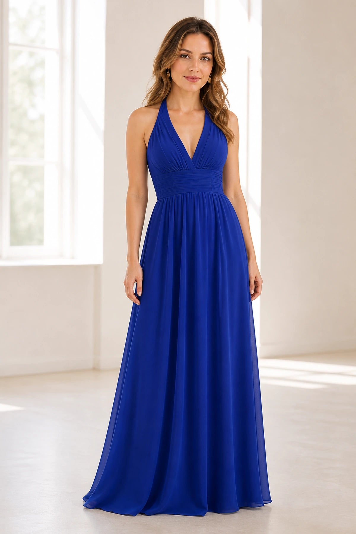 Graceful A-Line Halter Neck Sleeveless Open Back Long Bridesmaid Dress