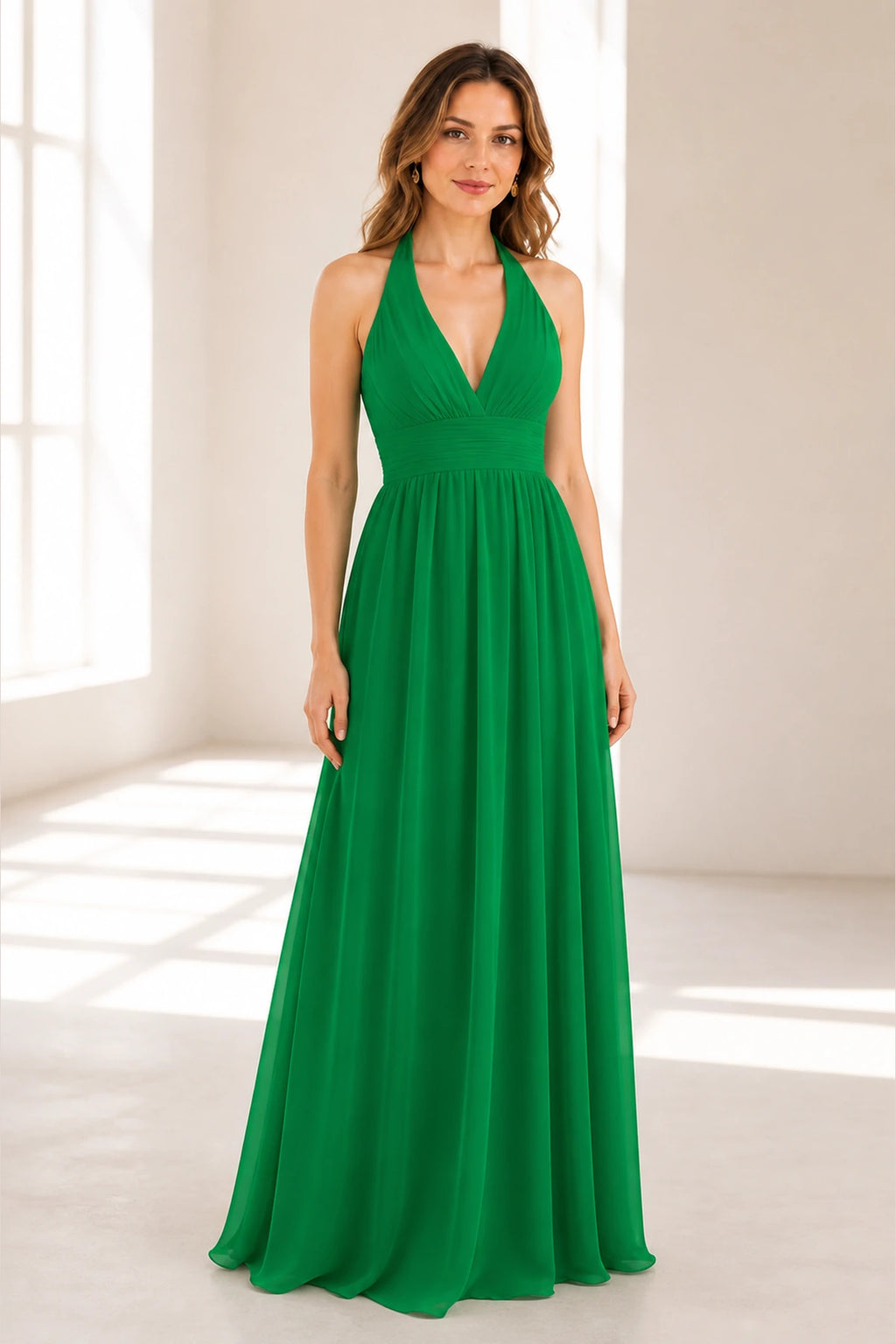 Graceful A-Line Halter Neck Sleeveless Open Back Long Bridesmaid Dress