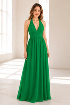 Graceful A-Line Halter Neck Sleeveless Open Back Long Bridesmaid Dress