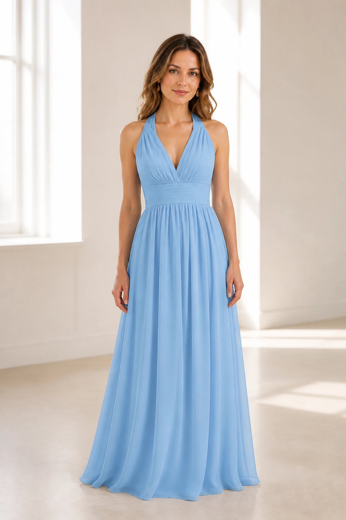Graceful A-Line Halter Neck Sleeveless Open Back Long Bridesmaid Dress