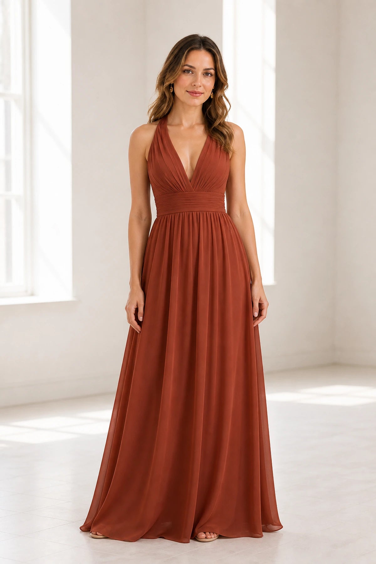 Graceful A-Line Halter Neck Sleeveless Open Back Long Bridesmaid Dress