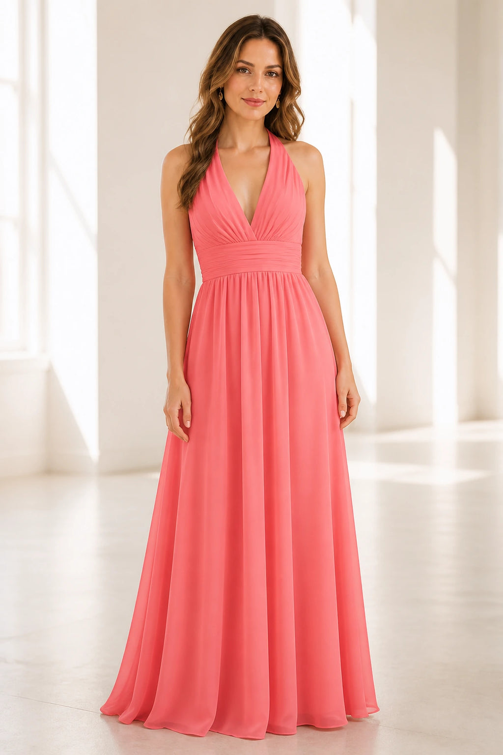 Graceful A-Line Halter Neck Sleeveless Open Back Long Bridesmaid Dress