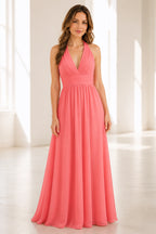 Graceful A-Line Halter Neck Sleeveless Open Back Long Bridesmaid Dress