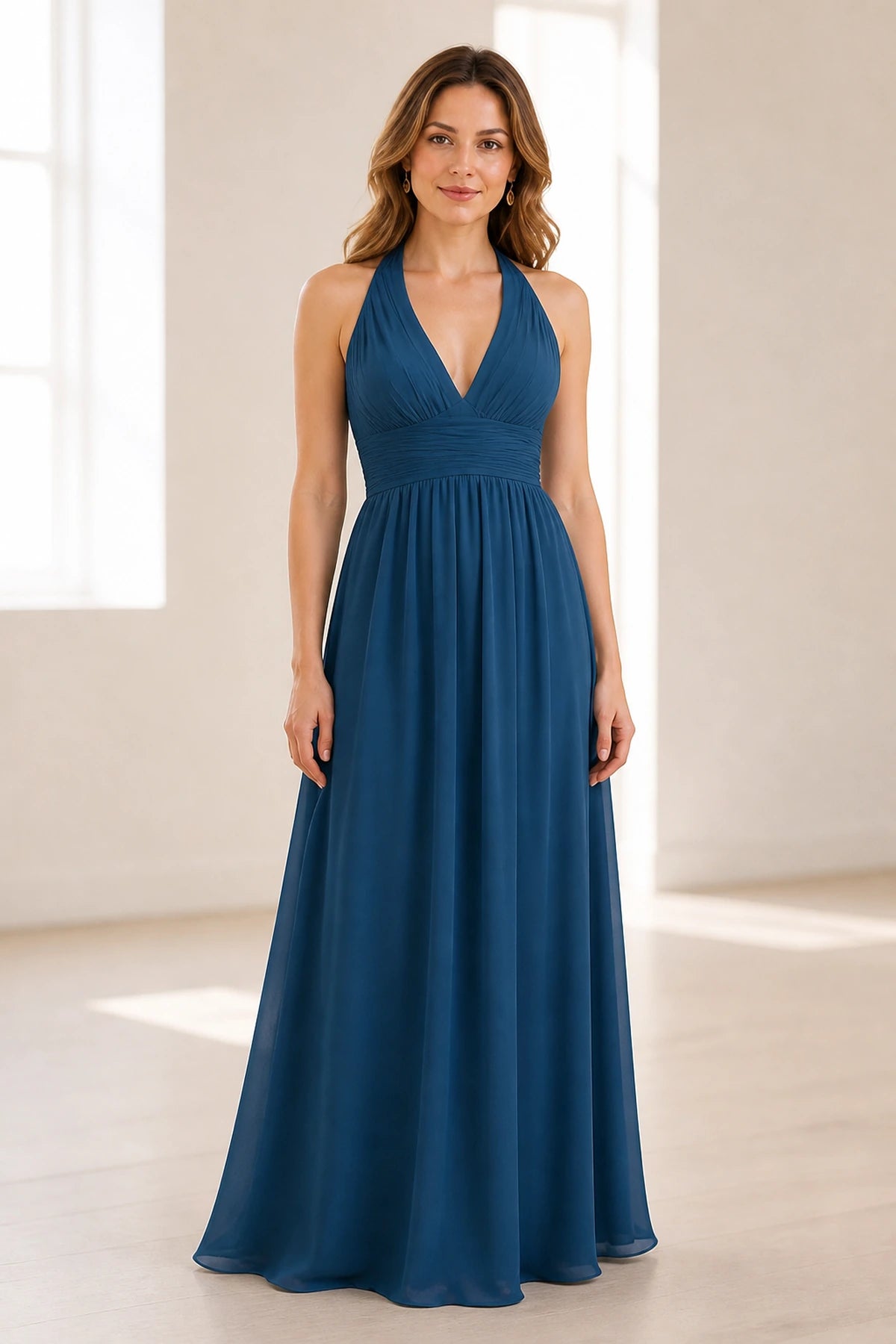 Graceful A-Line Halter Neck Sleeveless Open Back Long Bridesmaid Dress