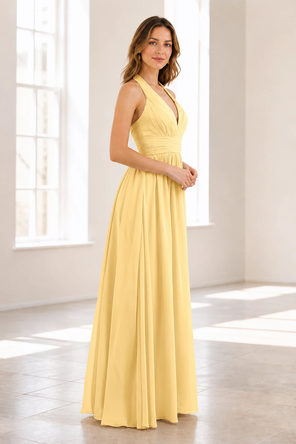 Graceful A-Line Halter Neck Sleeveless Open Back Long Bridesmaid Dress