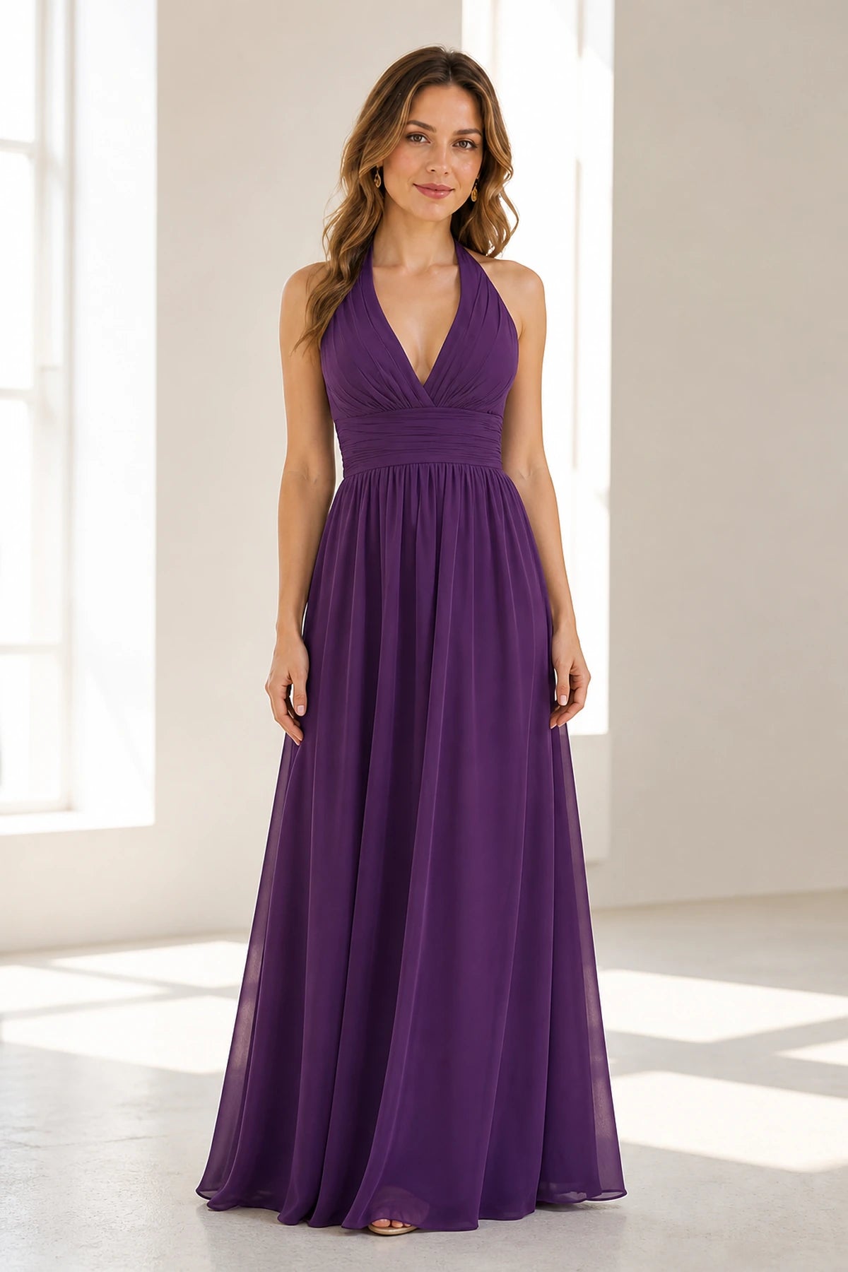 Graceful A-Line Halter Neck Sleeveless Open Back Long Bridesmaid Dress