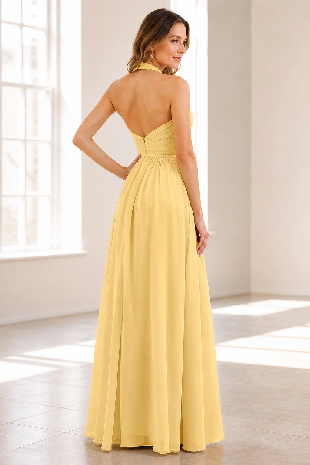 Yellow A-line halter neck sleeveless long bridesmaid dress with open back by Vedress