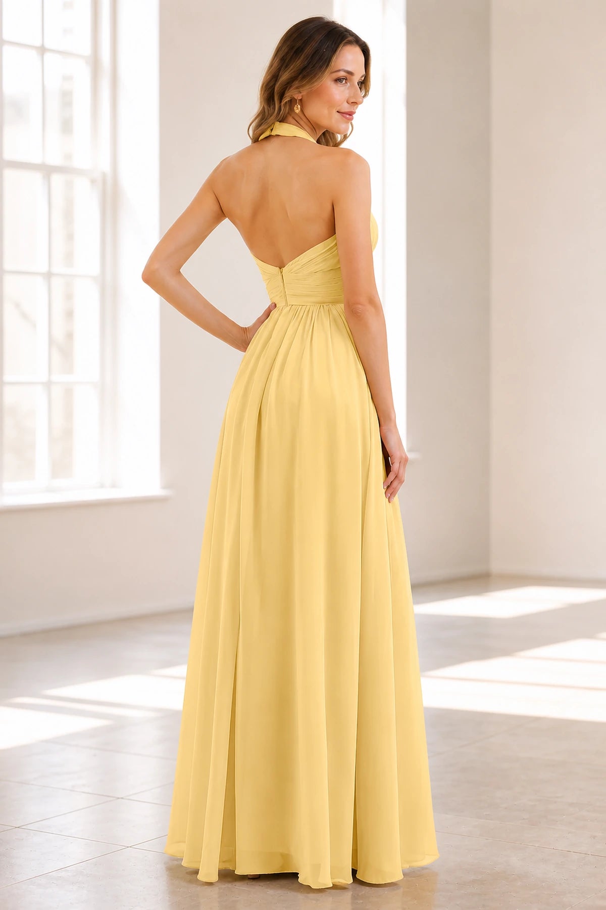 Yellow A-line halter neck sleeveless long bridesmaid dress with open back by Vedress