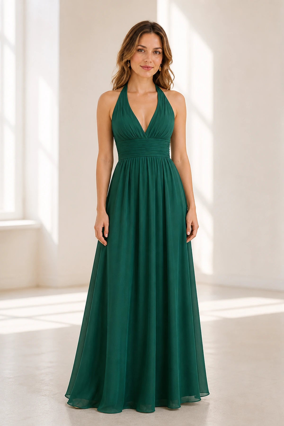 Graceful A-Line Halter Neck Sleeveless Open Back Long Bridesmaid Dress