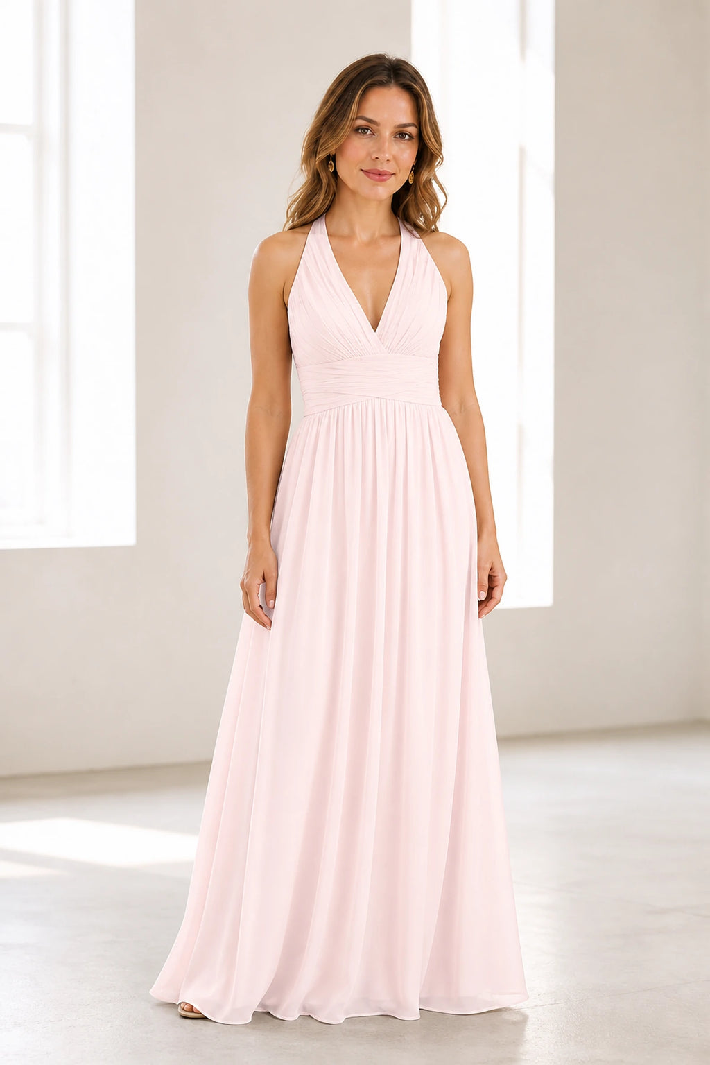 Graceful A-Line Halter Neck Sleeveless Open Back Long Bridesmaid Dress