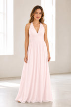 Graceful A-Line Halter Neck Sleeveless Open Back Long Bridesmaid Dress