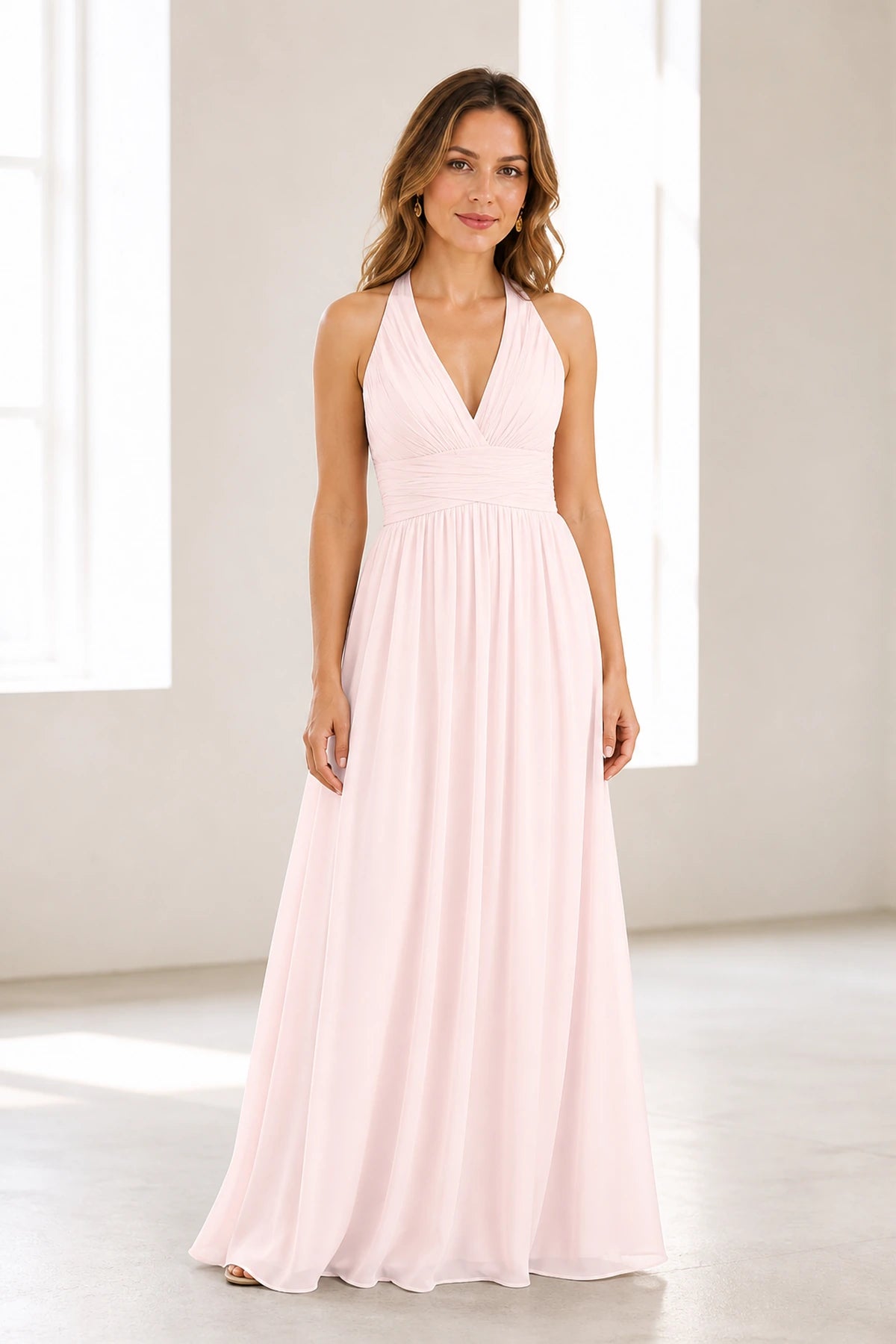Graceful A-Line Halter Neck Sleeveless Open Back Long Bridesmaid Dress