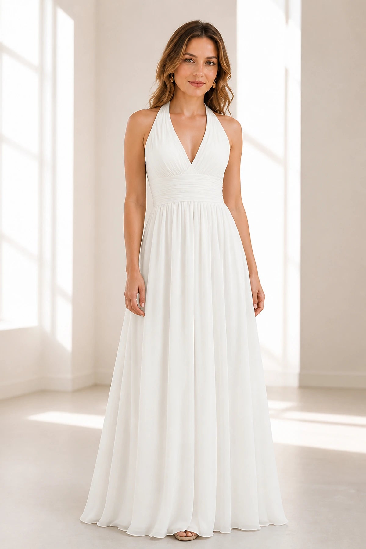 Graceful A-Line Halter Neck Sleeveless Open Back Long Bridesmaid Dress
