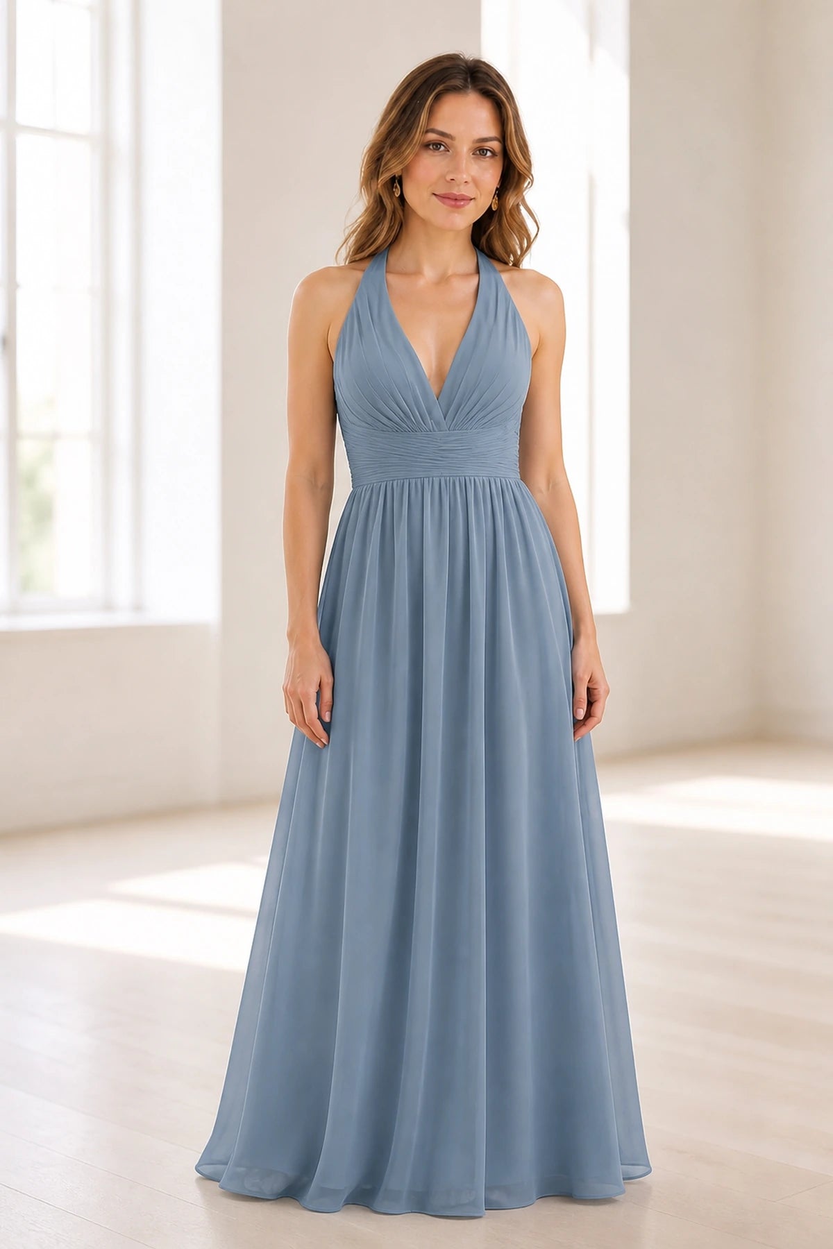 Graceful A-Line Halter Neck Sleeveless Open Back Long Bridesmaid Dress
