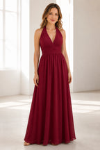 Graceful A-Line Halter Neck Sleeveless Open Back Long Bridesmaid Dress