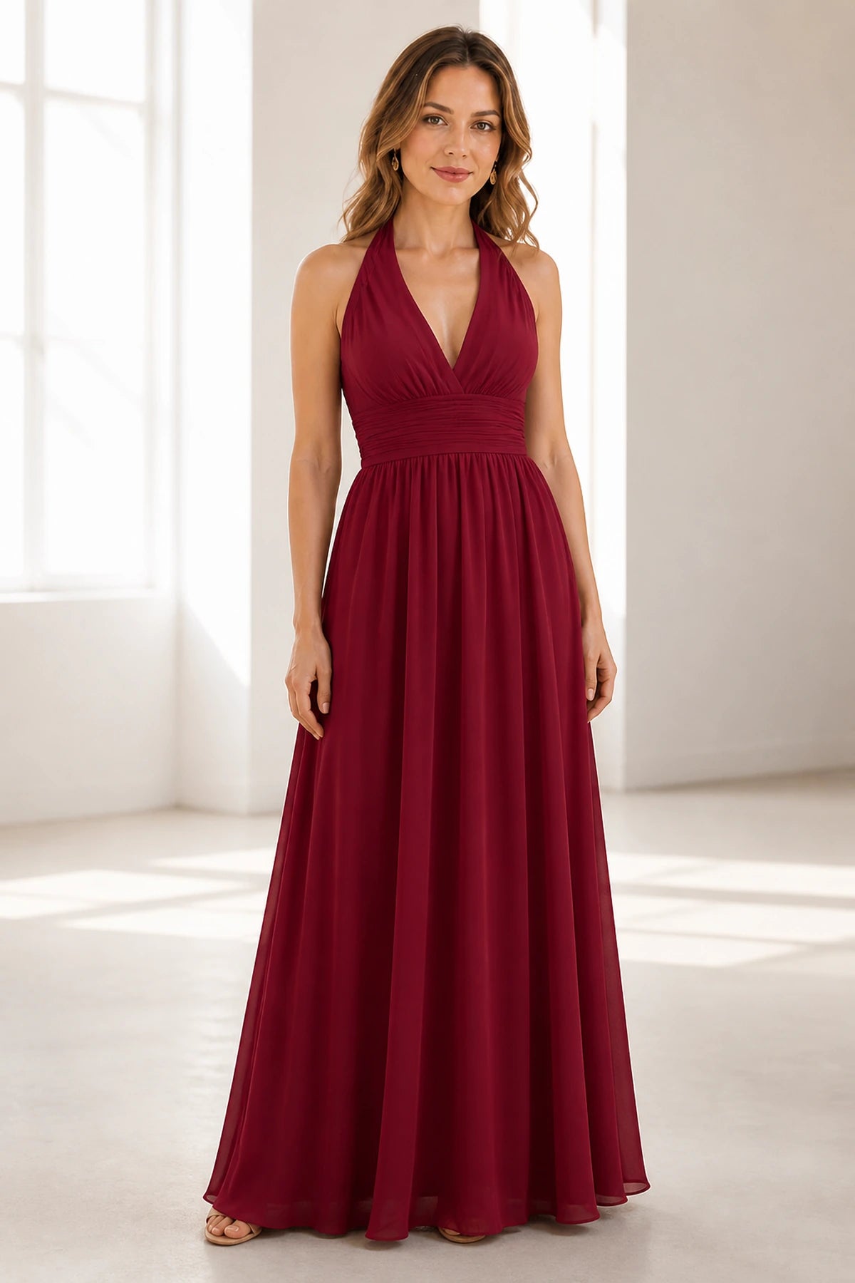 Graceful A-Line Halter Neck Sleeveless Open Back Long Bridesmaid Dress