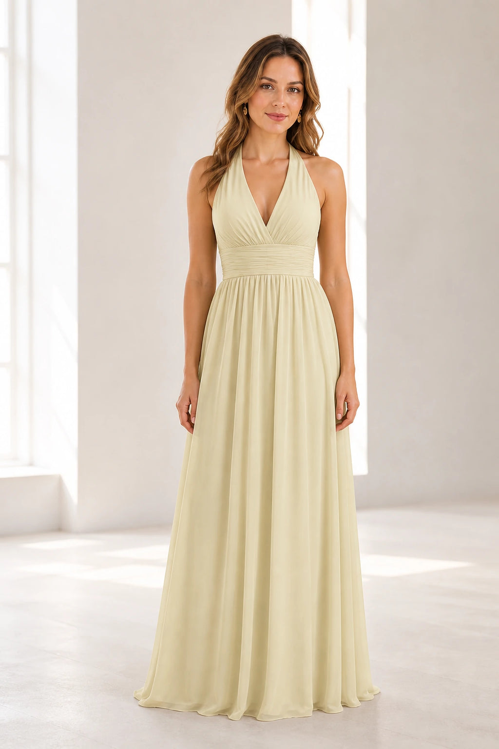 Graceful A-Line Halter Neck Sleeveless Open Back Long Bridesmaid Dress