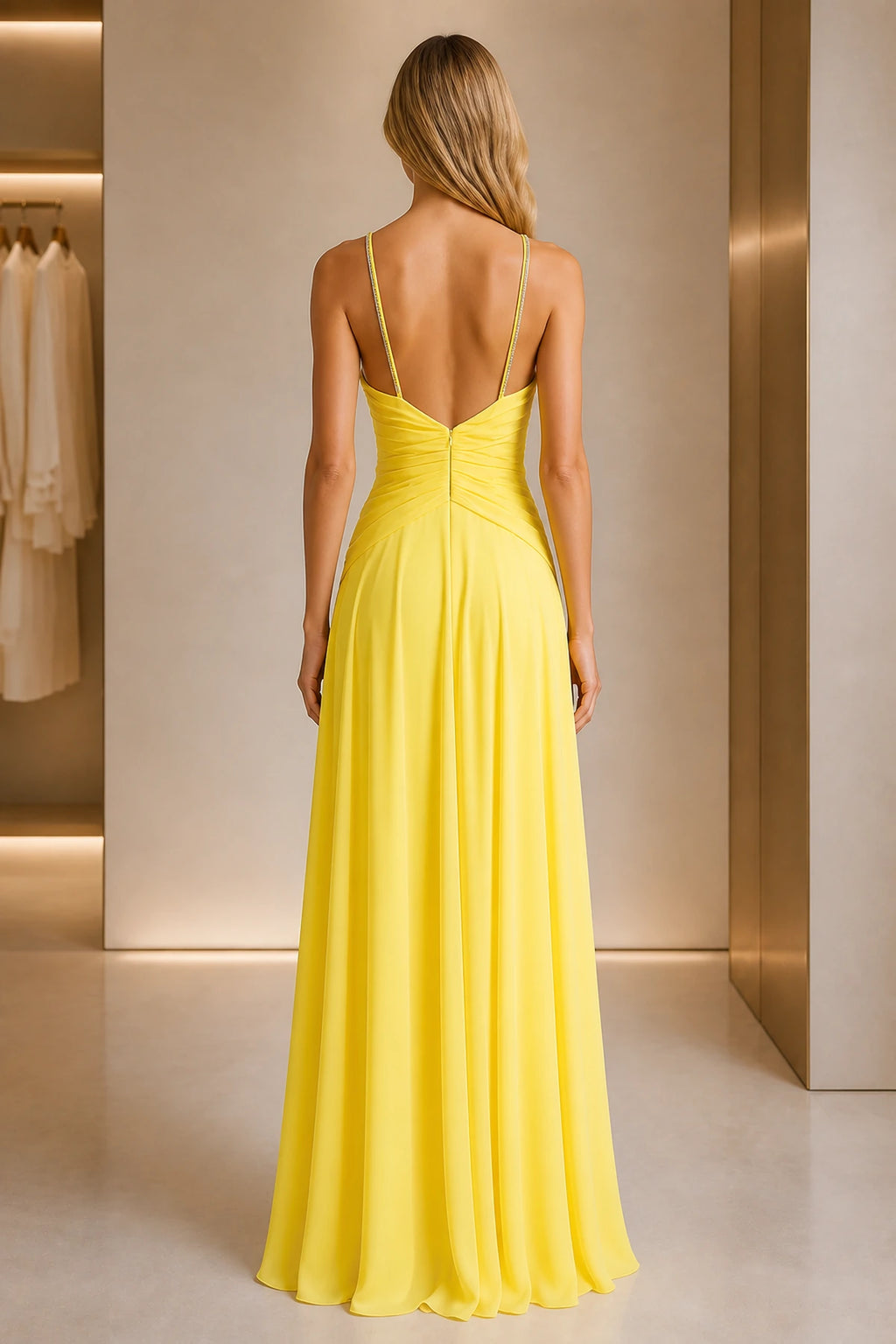 Back view of yellow A-line prom dress with deep V-back and gathered waist