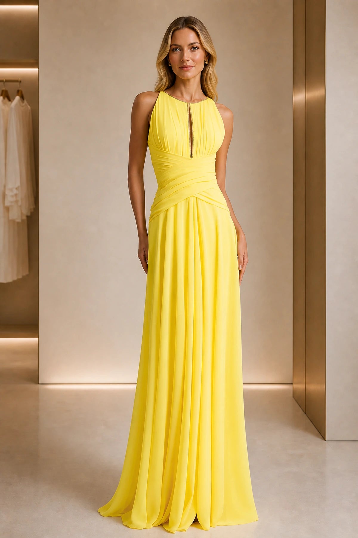 Radiant A-Line Jewel Neck Sleeveless V-Back Floor Length Prom Dress
