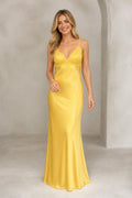GraceProm yellow satin bridesmaid dress with V neckline spaghetti straps lace bodice and floor length silhouette