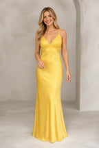 GraceProm yellow satin bridesmaid dress with V neckline spaghetti straps lace bodice and floor length silhouette