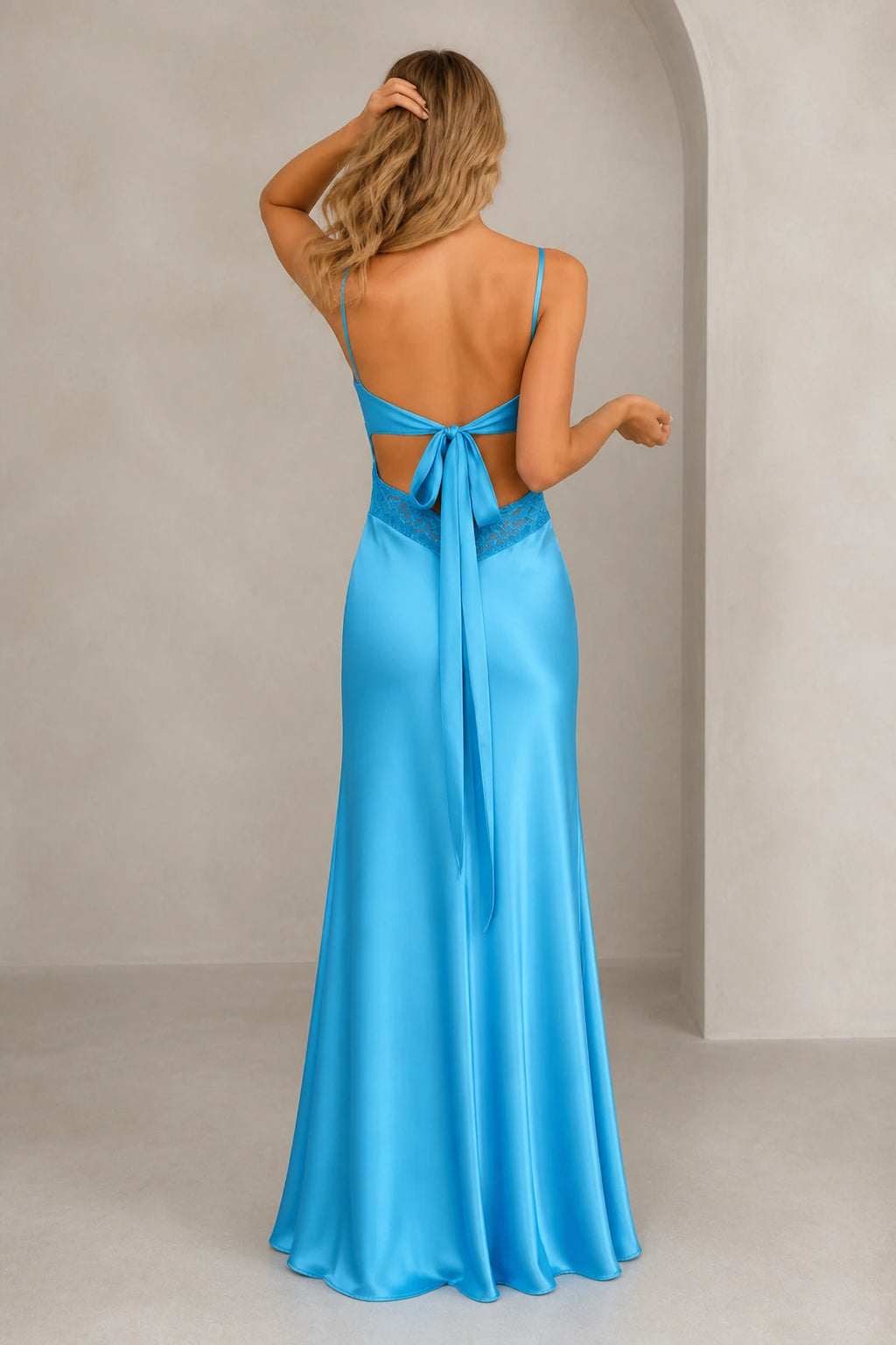GraceProm yellow bridesmaid dress with open back tie detail lace waist and flowing satin skirt