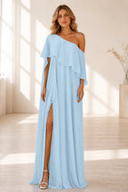 Radiant A-Line One-Shoulder Cape Back Floor-Length Wedding Guest Dress