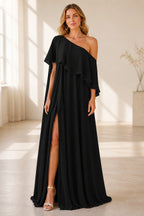 Radiant A-Line One-Shoulder Cape Back Floor-Length Wedding Guest Dress