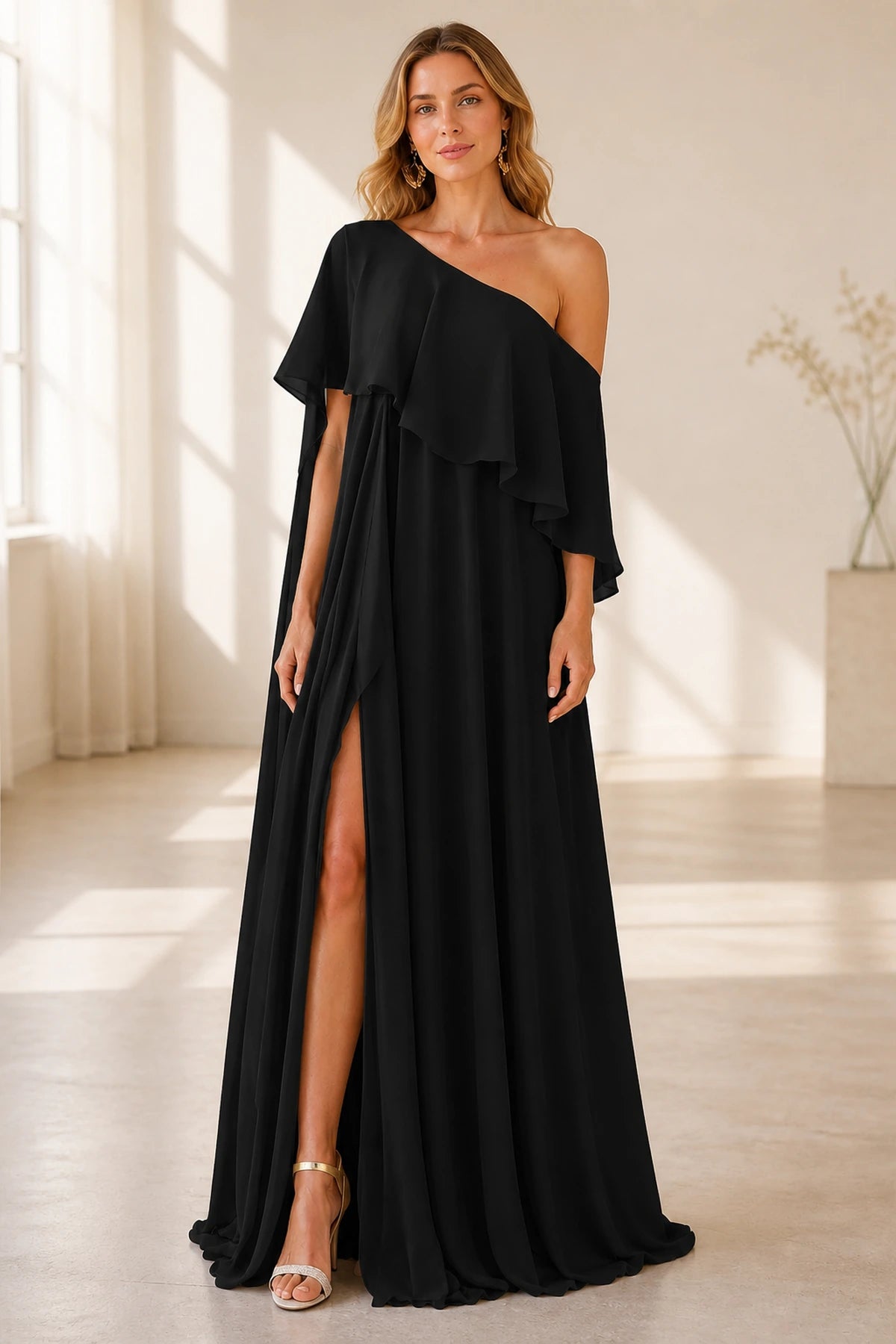 Radiant A-Line One-Shoulder Cape Back Floor-Length Wedding Guest Dress