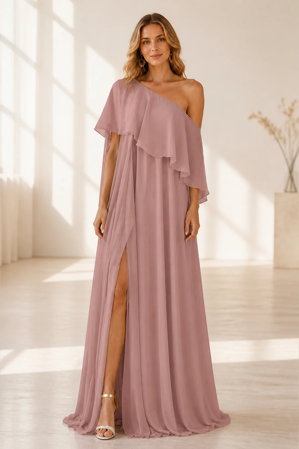 Radiant A-Line One-Shoulder Cape Back Floor-Length Wedding Guest Dress