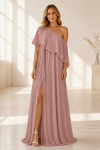 Radiant A-Line One-Shoulder Cape Back Floor-Length Wedding Guest Dress