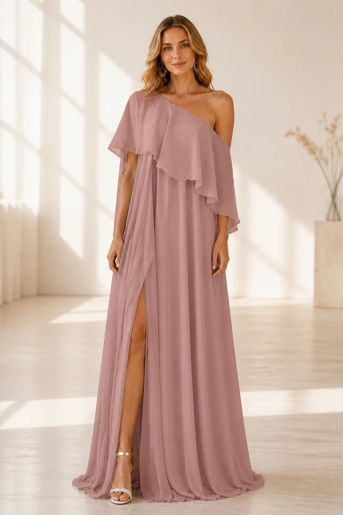 Radiant A-Line One-Shoulder Cape Back Floor-Length Wedding Guest Dress