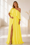 Yellow one-shoulder A-line wedding guest dress with cape overlay and front slit by GraceProm