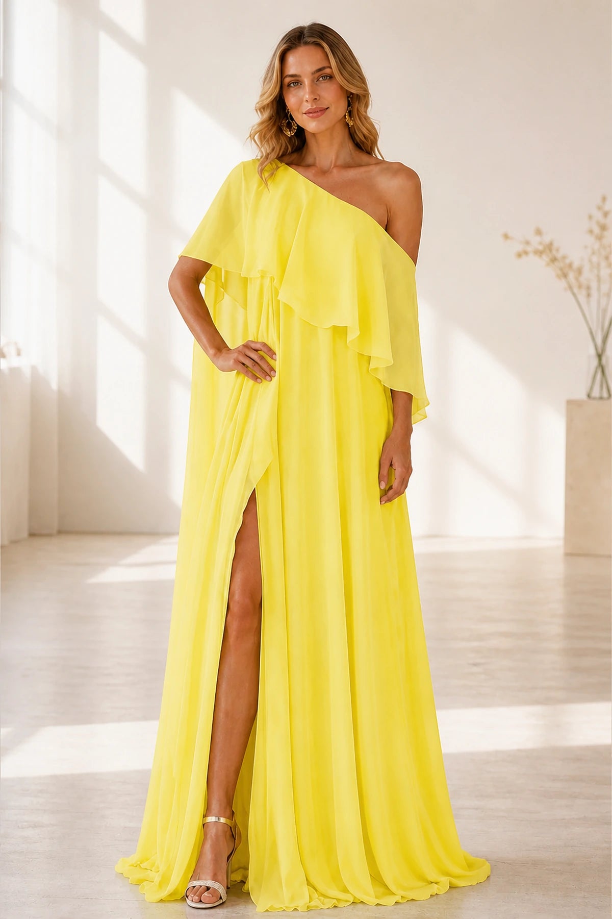 Yellow one-shoulder A-line wedding guest dress with cape overlay and front slit by GraceProm