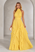 Yellow halter neck pleated floor-length bridesmaid dress with cascading ruffles