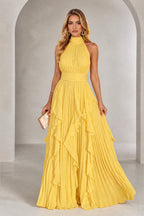 Yellow halter neck pleated floor-length bridesmaid dress with cascading ruffles