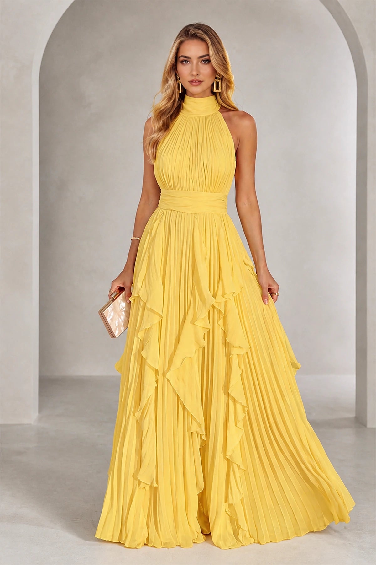 Yellow halter neck pleated floor-length bridesmaid dress with cascading ruffles