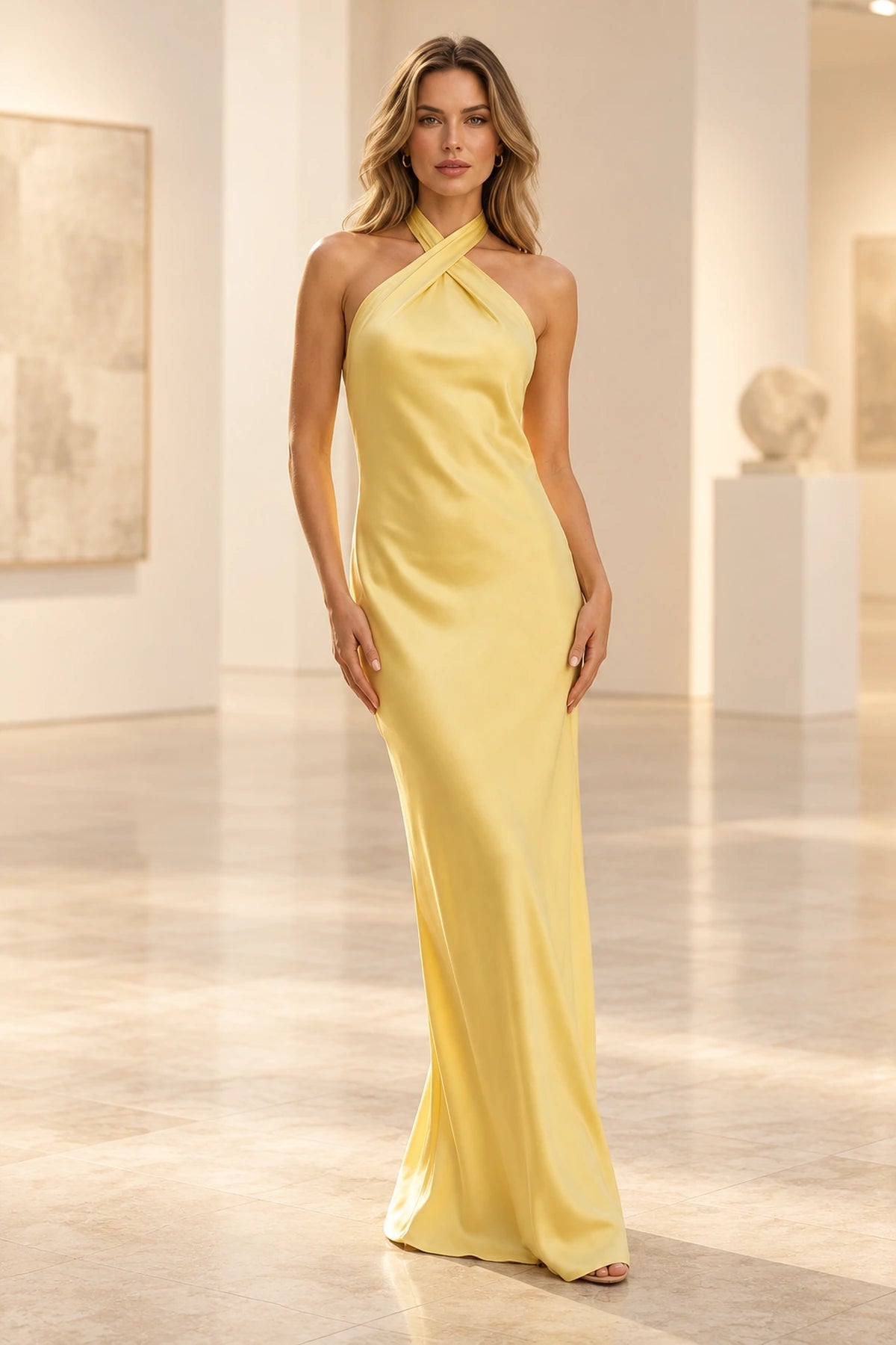 Yellow satin sheath prom dress featuring a crossed halter neckline, sleeveless design, and elegant floor-length silhouette by Graceprom.