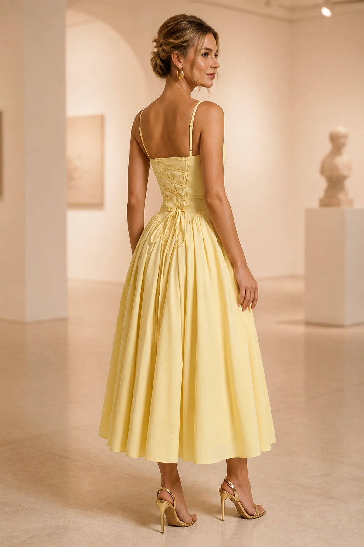 Yellow sweetheart spaghetti strap A-line midi wedding guest dress with full skirt