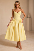 Yellow sweetheart spaghetti strap A-line midi wedding guest dress with full skirt