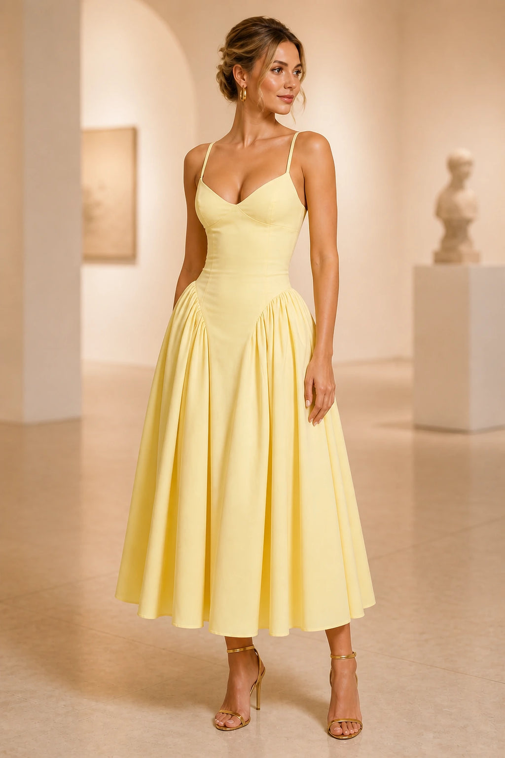 Romantic A-Line Sweetheart Spaghetti Strap Lace-Up Midi Wedding Guest Dress