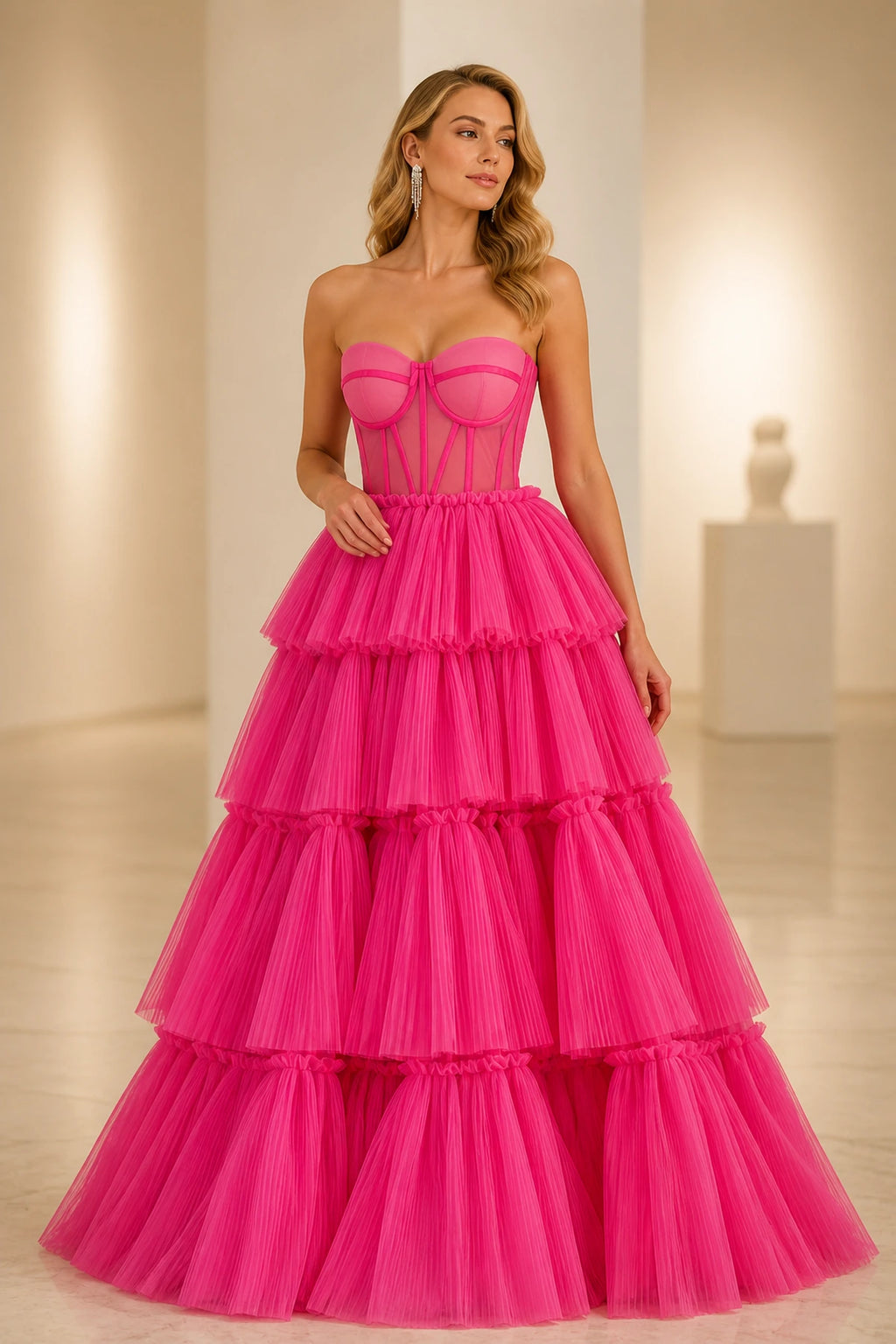 Radiant Ball Gown Sweetheart Neck Strapless Tiered Floor-Length Wedding Guest Dress