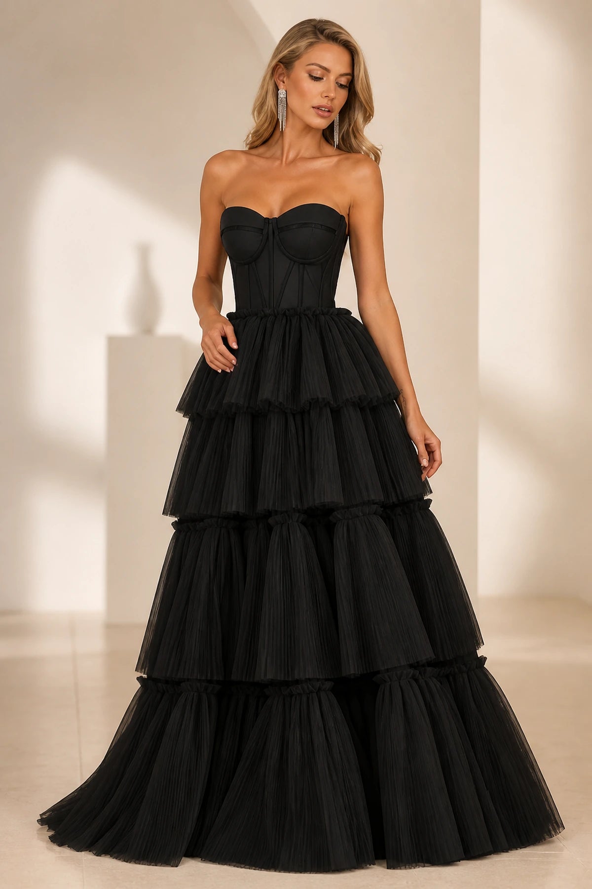 Radiant Ball Gown Sweetheart Neck Strapless Tiered Floor-Length Wedding Guest Dress