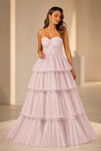 Radiant Ball Gown Sweetheart Neck Strapless Tiered Floor-Length Wedding Guest Dress
